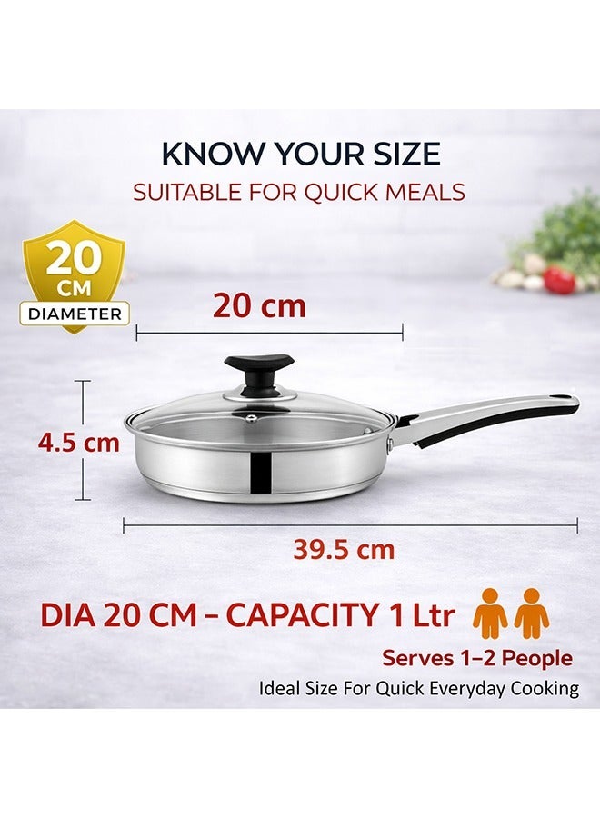 SONEX Supreme Frying Pan/Skillet 20cm (1 Ltr) – Stainless Steel, Glass Lid, Cool Ergonomic Handle, Sandwich Bottom, Durable Design, Dishwasher Safe, Stir Frying Pan, All Stoves Compatible - Image 2